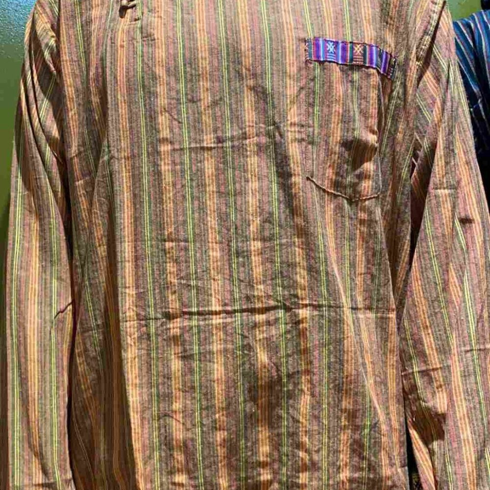 Cotton Bhutani Trim Long-Sleeve Round Neck Tunic - Stripes (Orange)